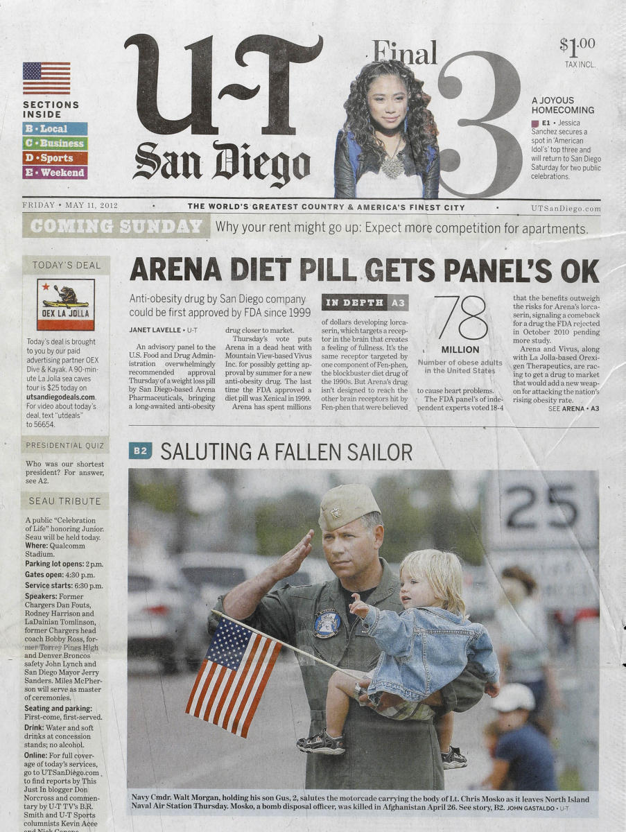 As seen in The San Diego Union-Tribune newspaper, San Diego's only daily newspaper. 