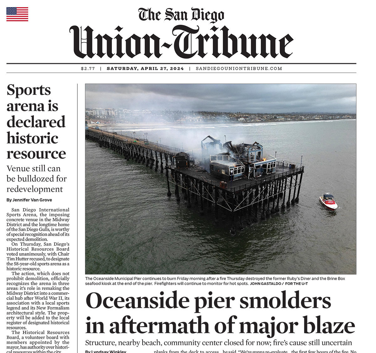 Drone shot of Oceanside Pier damage Spring 2024.